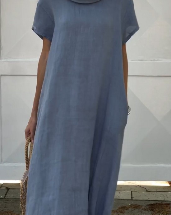 Round Neck Short Sleeve Cotton and Linen Casual Dress