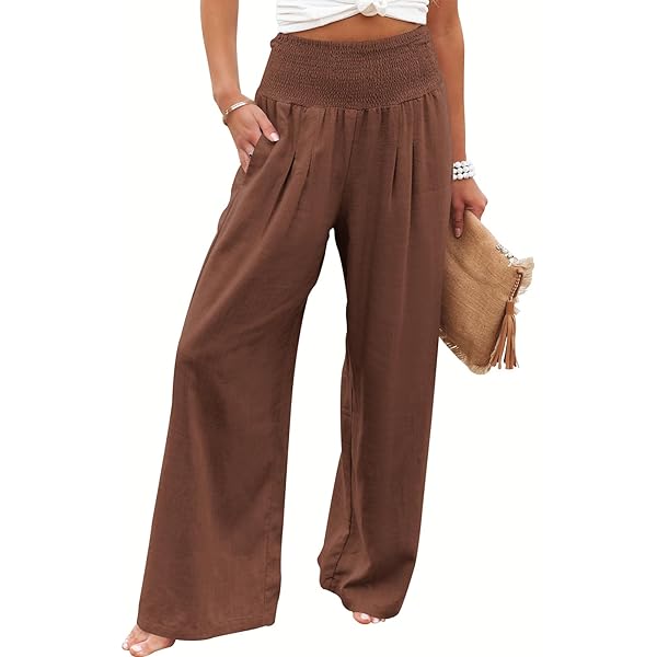 ANRABESS Women Linen Palazzo Pants Summer Boho Wide Leg High Waist Casual Lounge Pant Trousers with Pockets Large Grey