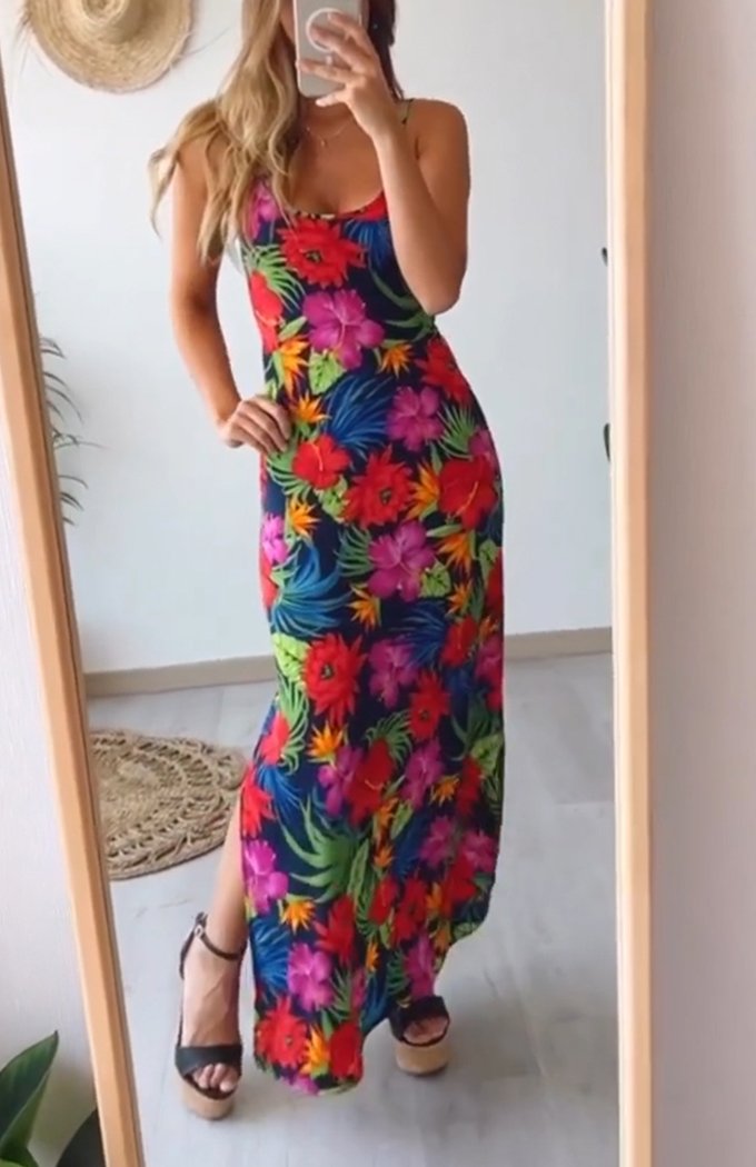 Summer V-neck Printed Suspender Dress