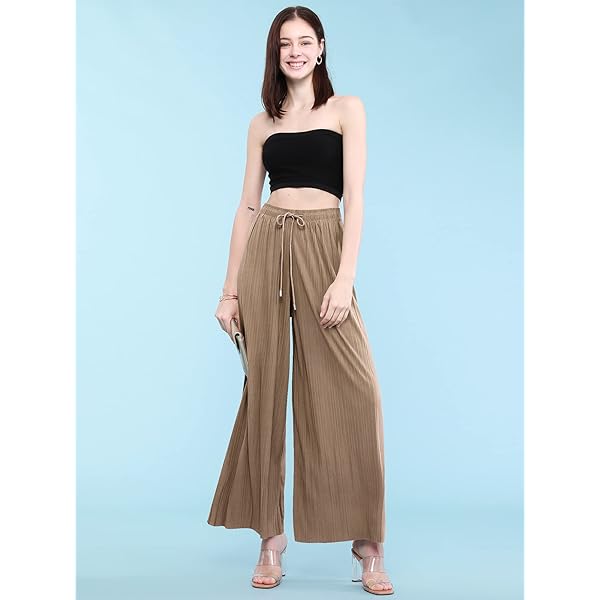 Lock and Love Womens Pleated Wide Leg Palazzo Maxi Pants with Drawstring or Elastic Band Elastic Band Small Wb1795_desert
