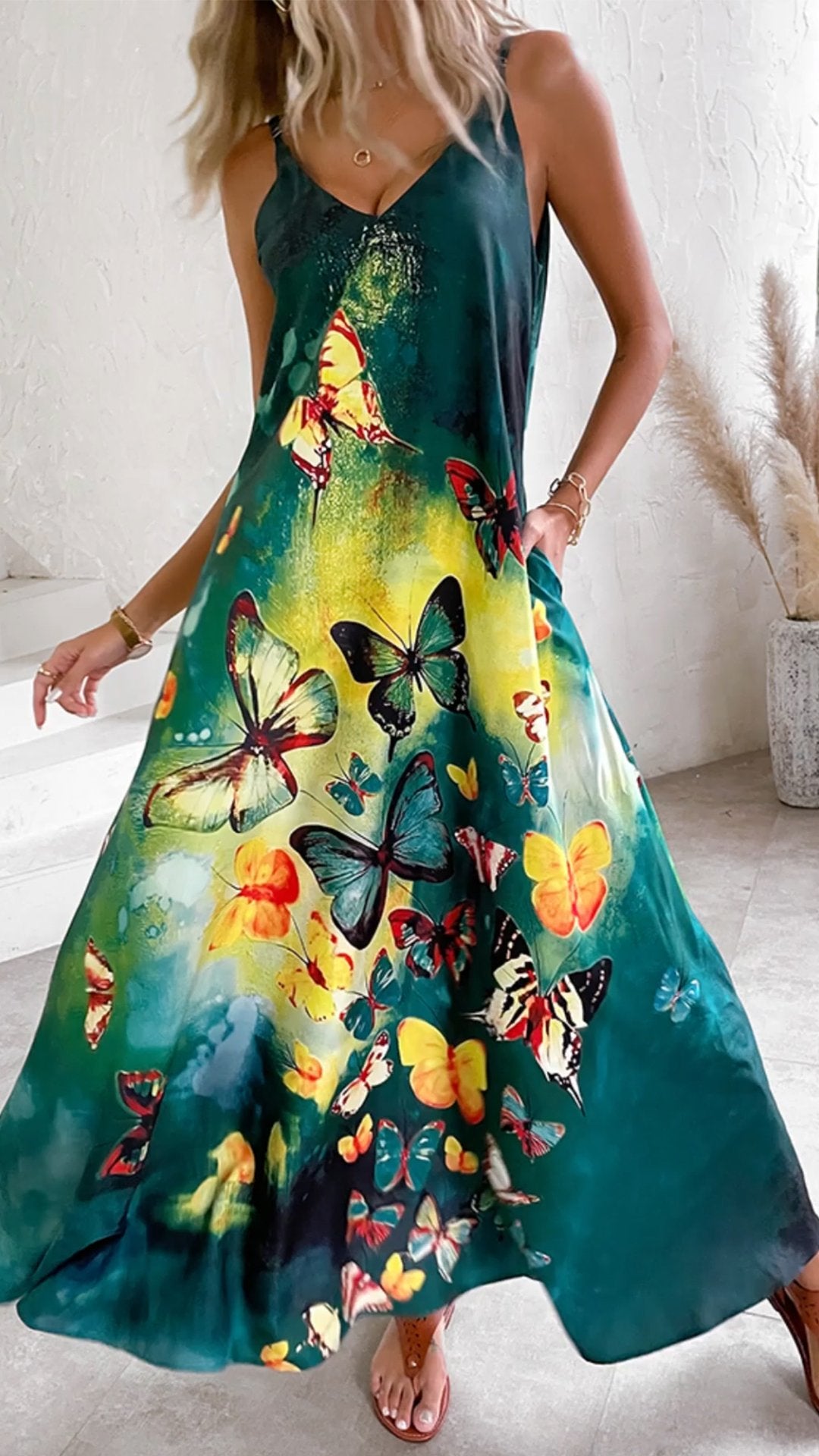 Casual V-neck Butterfly Print Suspender Dress