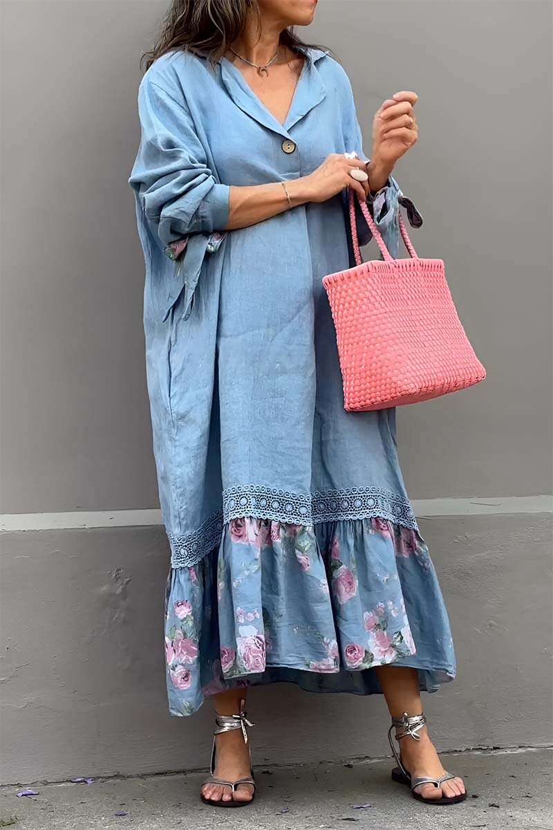 Women's cotton and linen patchwork lace print dress