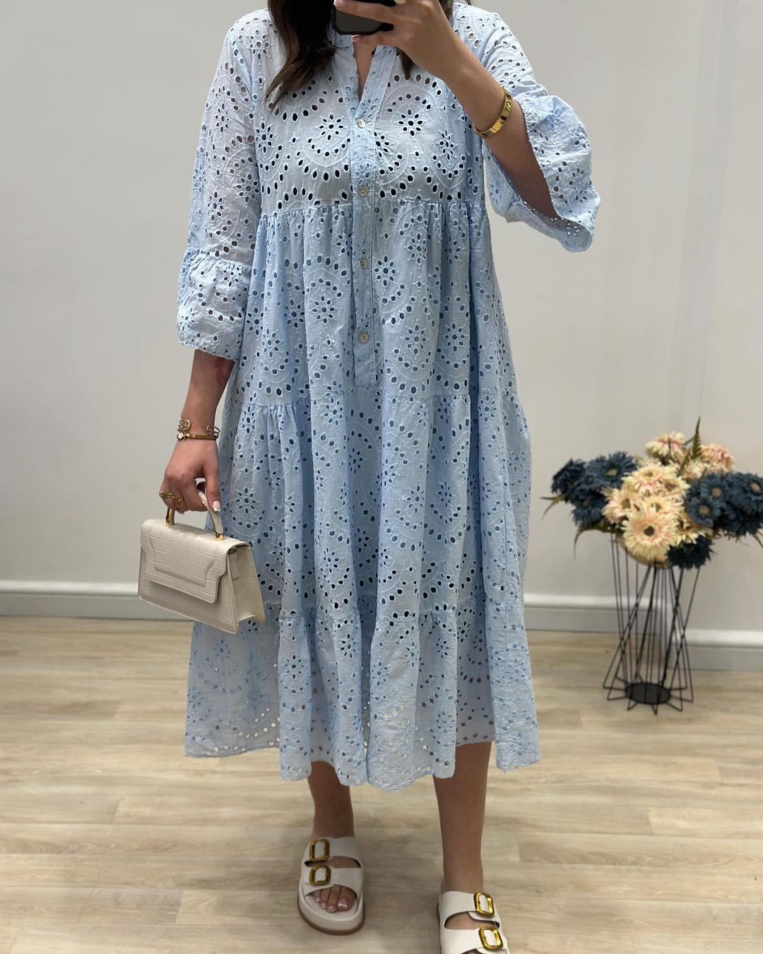 Casual V-neck Ruffle Sleeves Hollow Dress