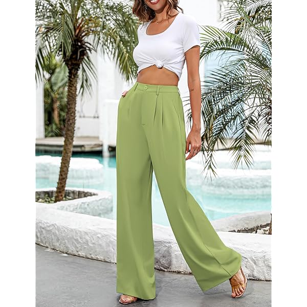 Women Casual Wide Leg Pants Button Down Straight Long Trousers Pants Elastic High Waist Dress Pants for Women Green 0