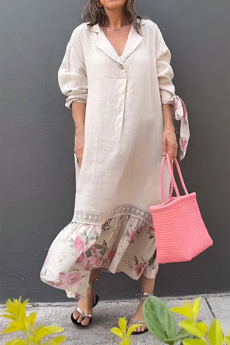 Women's cotton and linen patchwork lace print dress