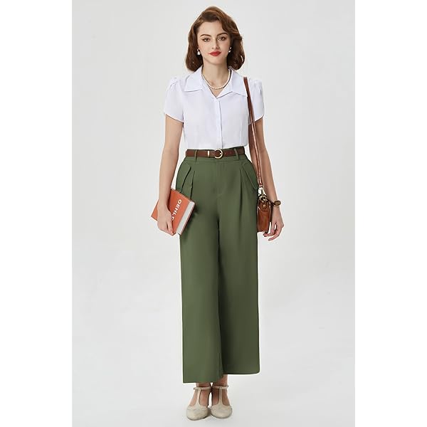Belle Poque High Waisted Wide Leg Pleated Dress Pants Vintage Loose Baggy Straight Business Work Palazzo Pants Trousers X-Large Olive Green