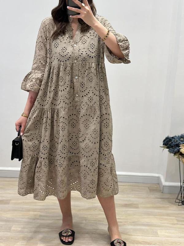 Casual V-neck Ruffle Sleeves Hollow Dress