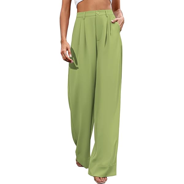 Women Casual Wide Leg Pants Button Down Straight Long Trousers Pants Elastic High Waist Dress Pants for Women Green 0