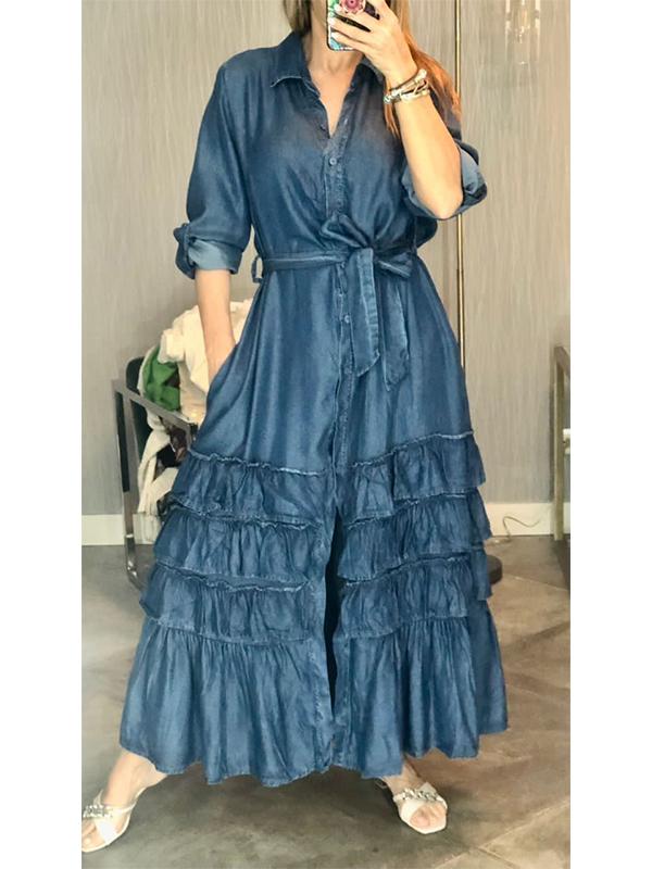 Stylish Pleated Layered Denim Dress