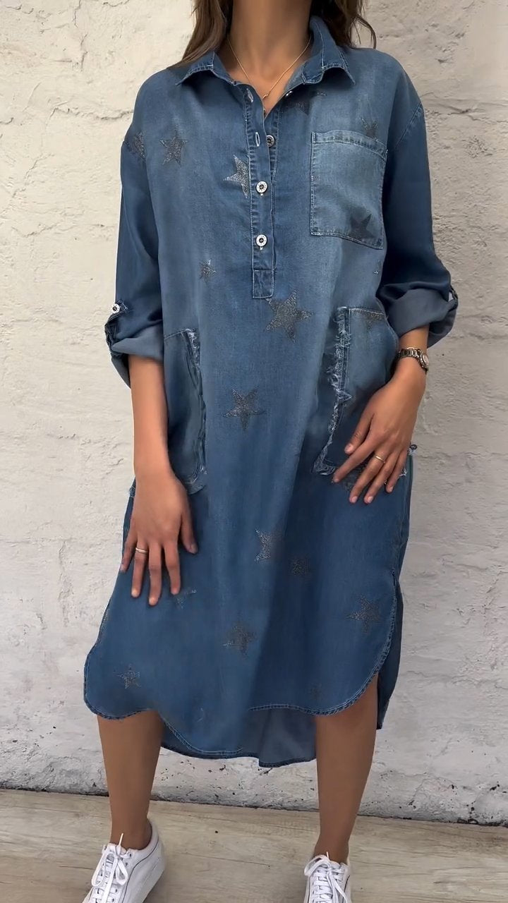 Star Pattern Denim Half Collar Dress