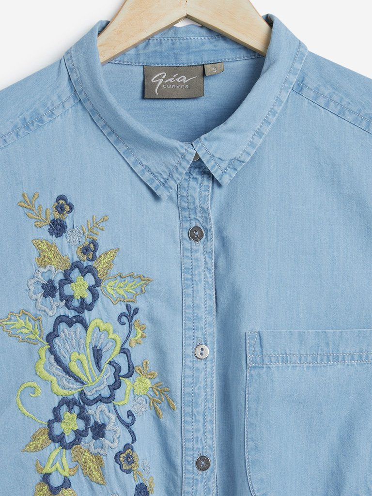 Gia Curves Blue Embroidered Shirtdress Gia Curves Blue Embroidered Shirtdress