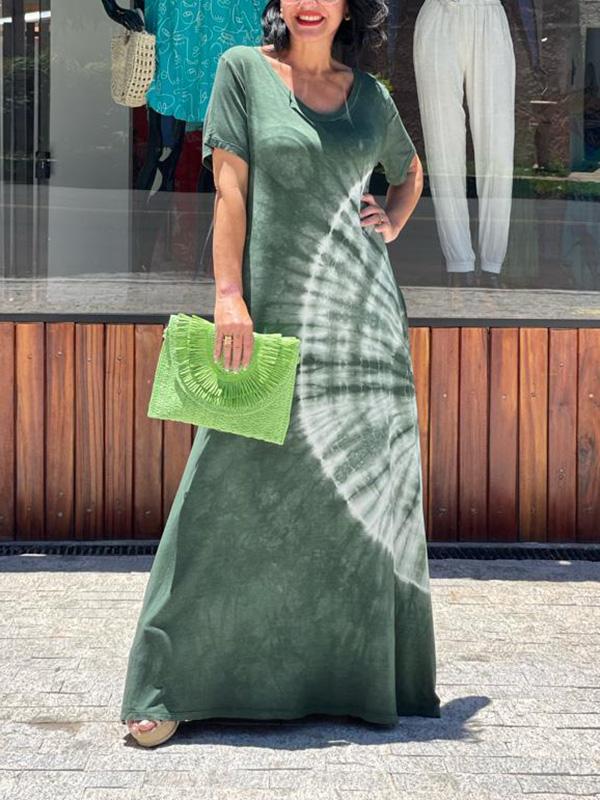 Women's casual tie-dye V-neck hem slit dress