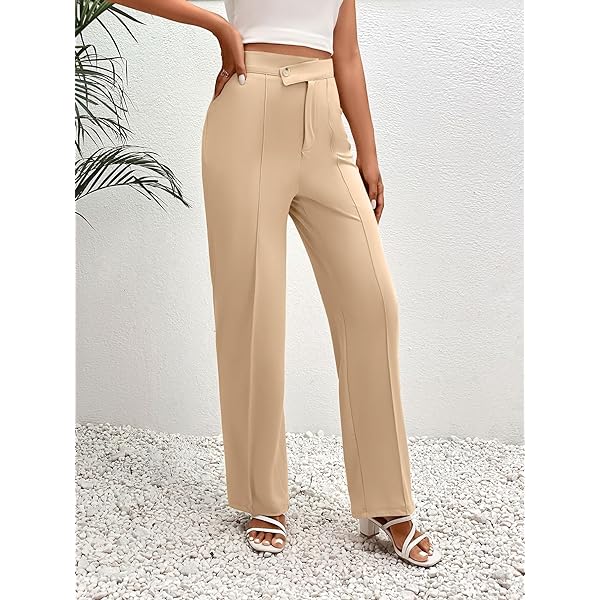 Womens Wide Leg Business Pants High Waisted Straight Long Suit Trousers Large Khaki