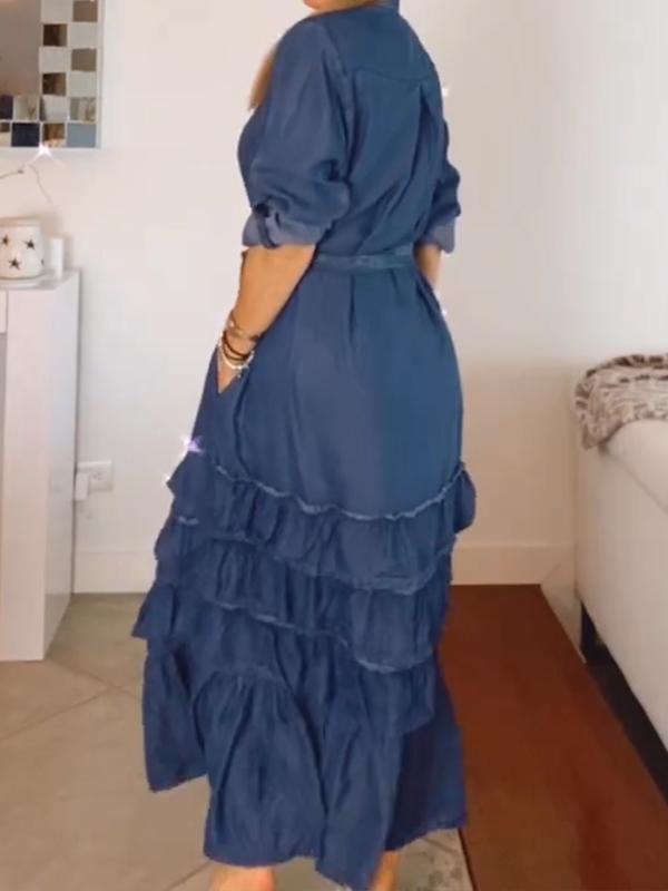 Stylish Pleated Layered Denim Dress