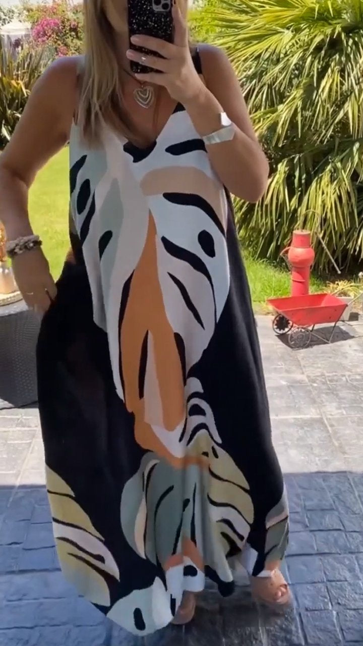 Casual V-neck Printed Long Dress