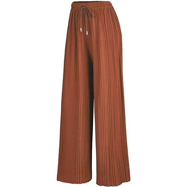 Lock and Love Womens Pleated Wide Leg Palazzo Maxi Pants with Drawstring or Elastic Band Elastic Band Small Wb1795_desert