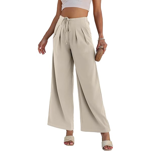 EVALESS Womens High Waisted Straight Leg Long Palazzo Pants Casual Business Office Work Trousers Medium Khaki