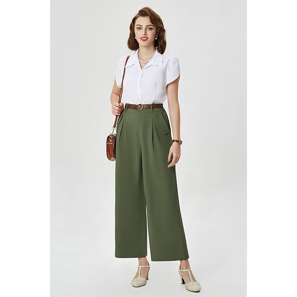 Belle Poque High Waisted Wide Leg Pleated Dress Pants Vintage Loose Baggy Straight Business Work Palazzo Pants Trousers X-Large Olive Green