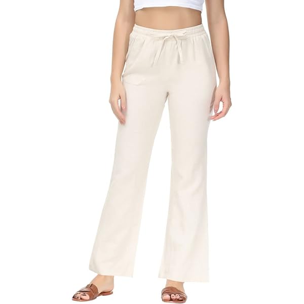 Soojun Women's Casual Linen Blend Elastic Waist Flared Pants X-Large Short Khaki