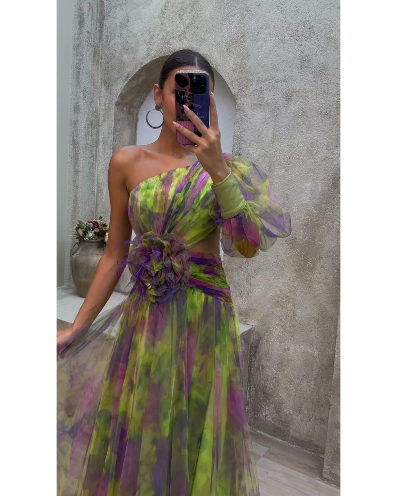 Floral one-shoulder long-sleeved dress