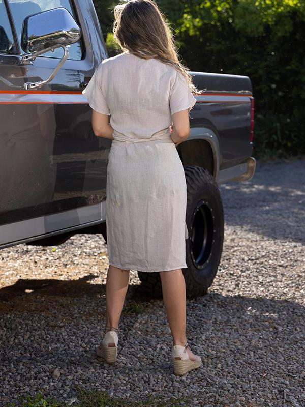 Women's Short Sleeve Cross Lace-up Cotton and Linen Dress
