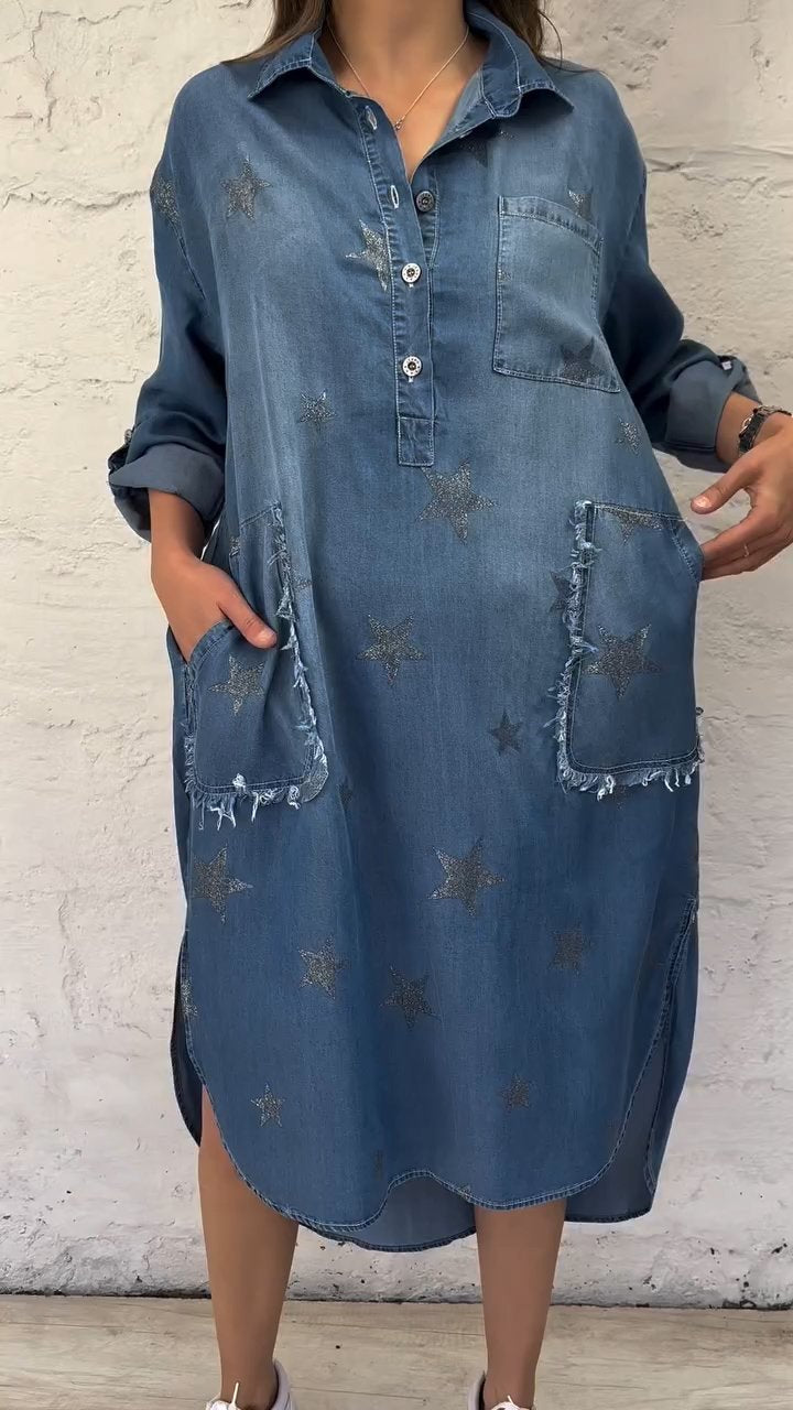 Star Pattern Denim Half Collar Dress
