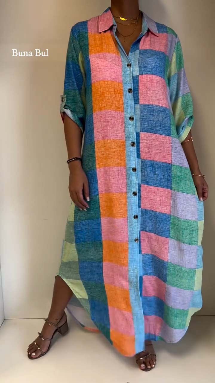 Contrasting color cotton and linen dress
