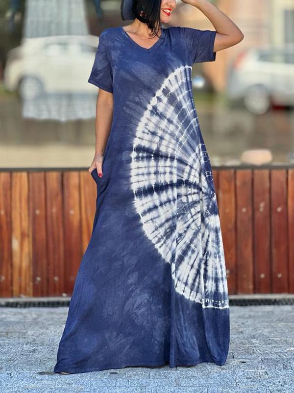Women's casual tie-dye V-neck hem slit dress