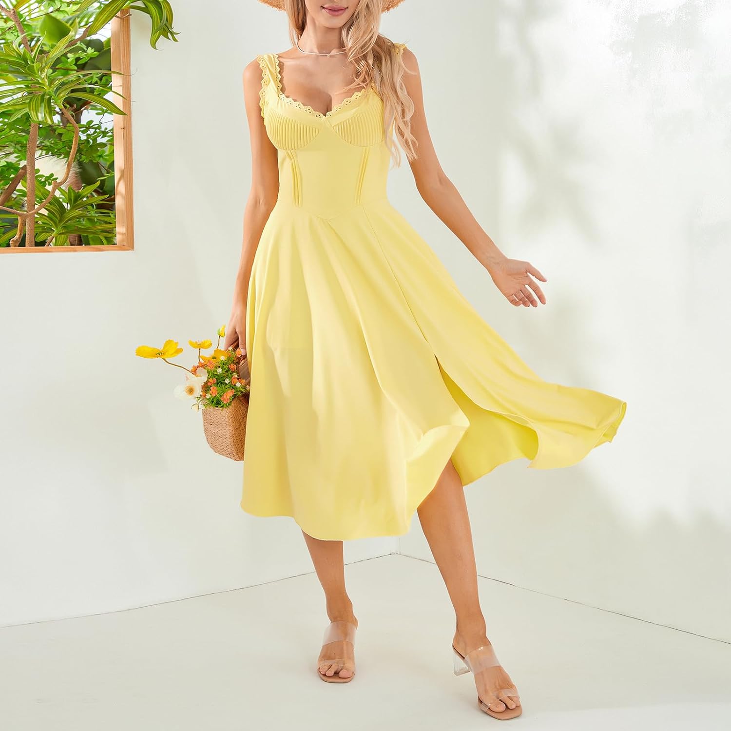 BellesTroveTM Sweetheart Neckline Sleeveless Lace Up Midi Dress