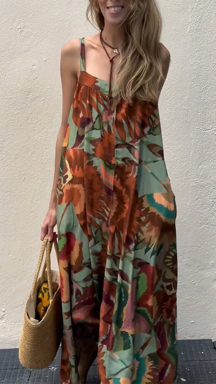 Casual Square Neck Printed Suspender Dress