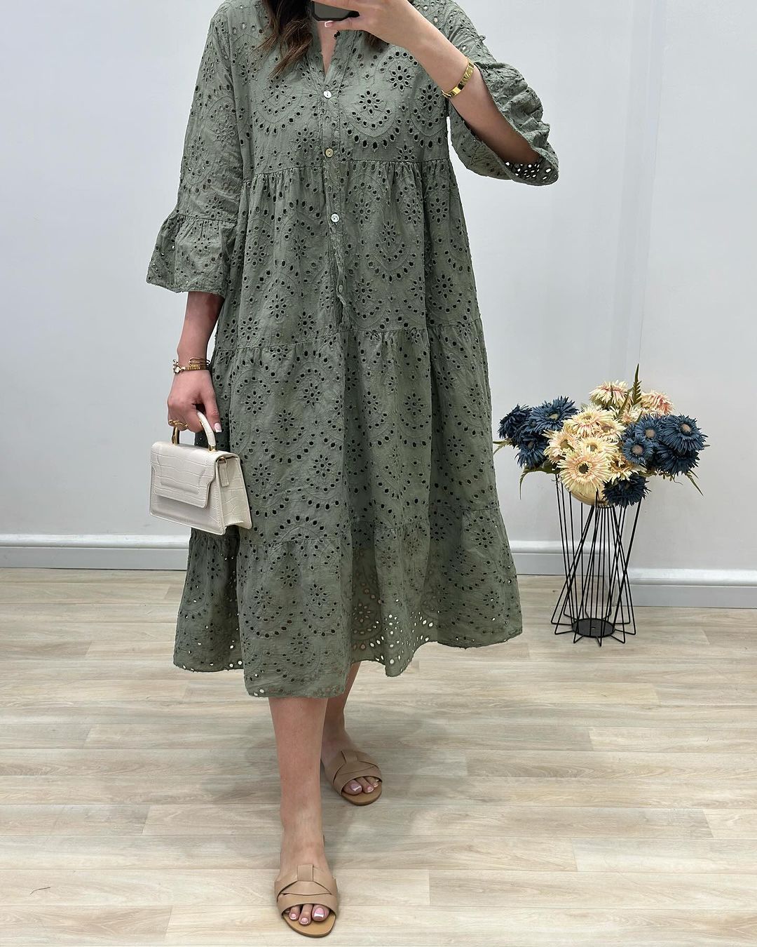 Casual V-neck Ruffle Sleeves Hollow Dress
