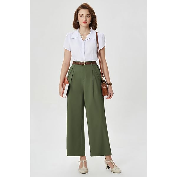 Belle Poque High Waisted Wide Leg Pleated Dress Pants Vintage Loose Baggy Straight Business Work Palazzo Pants Trousers X-Large Olive Green