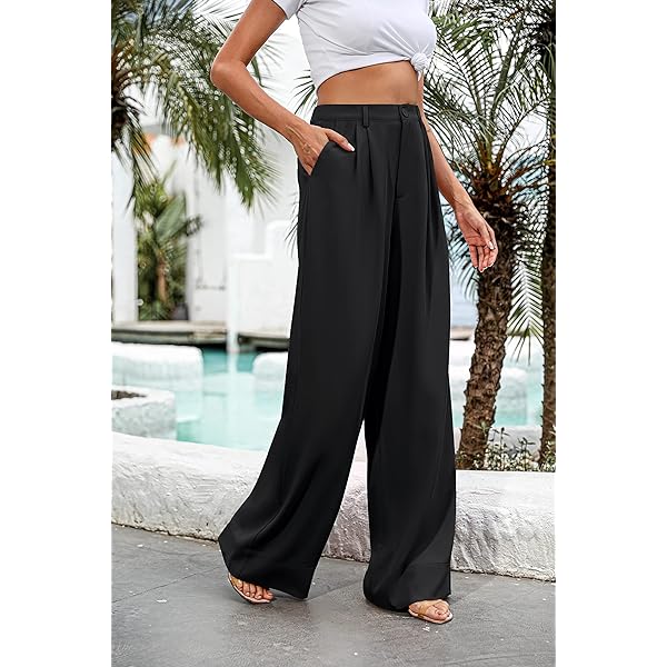 Women Casual Wide Leg Pants Button Down Straight Long Trousers Pants Elastic High Waist Dress Pants for Women Green 0