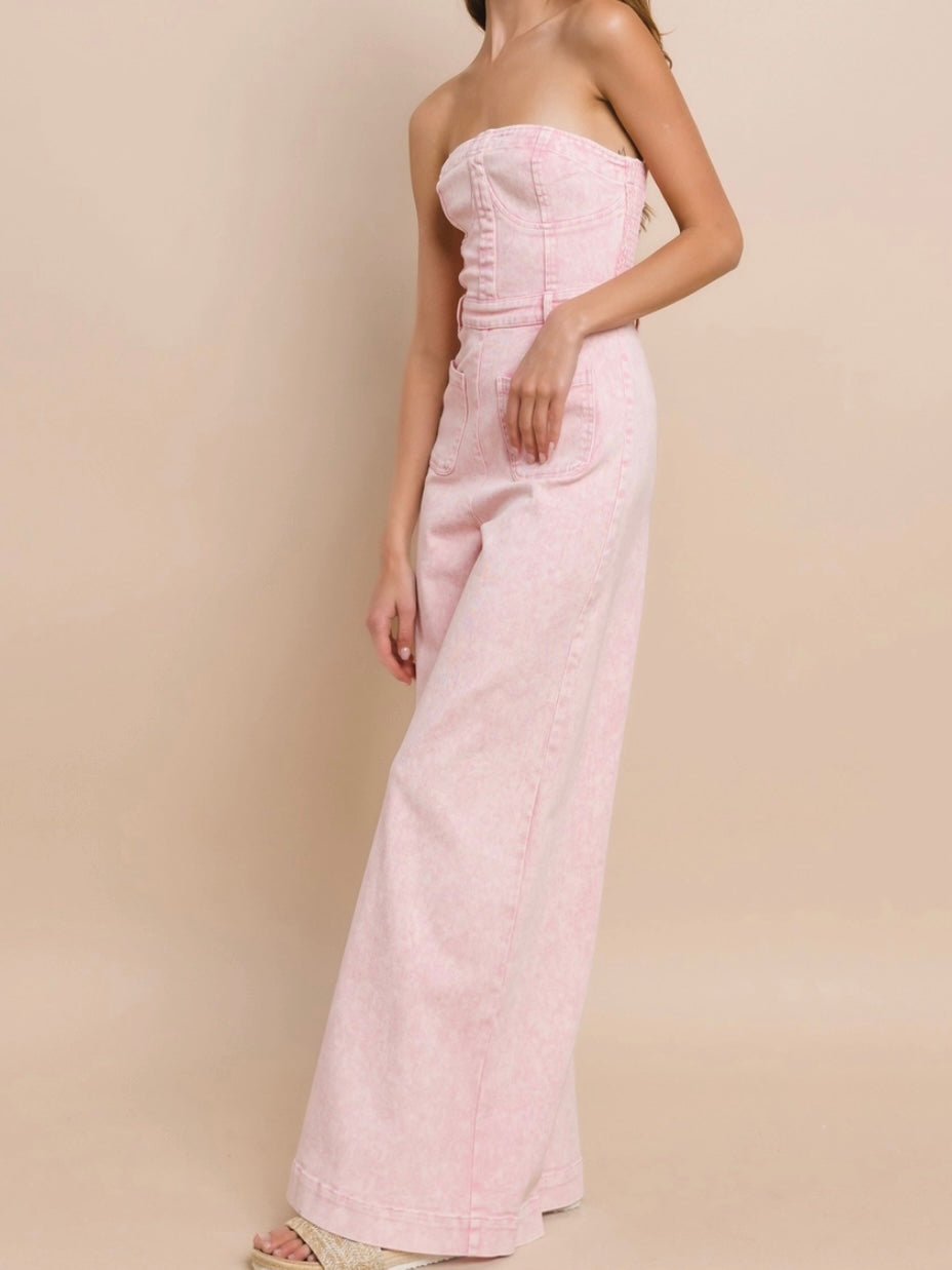 Just Sweet Pink Denim Jumpsuit
