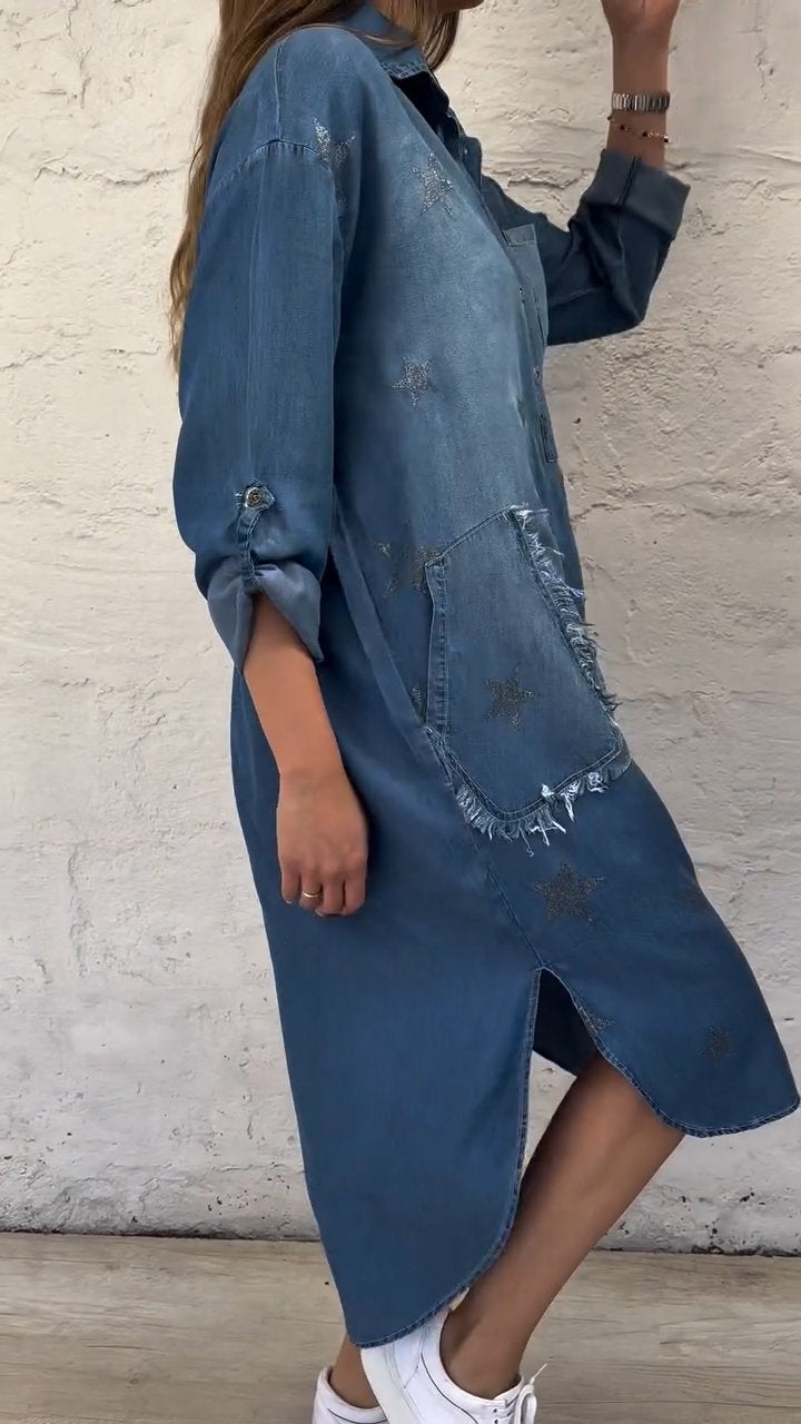 Star Pattern Denim Half Collar Dress