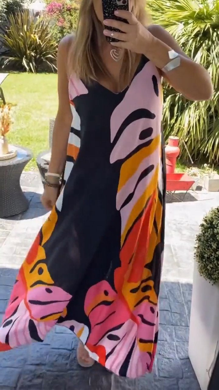 Casual V-neck Printed Long Dress