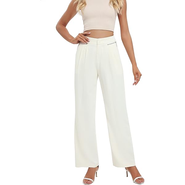 Women Linen Low Rise Wide Leg Pants Pleated Front Casual Long Trousers with Pockets X-Small Beige