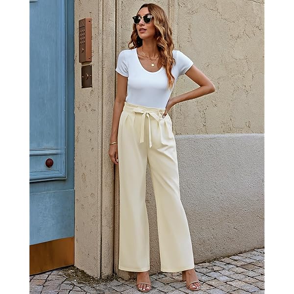 GRAPENT Dress Pants Women High Waisted Wide Leg Work Pants Dressy Casual Trendy Elastic Waist Pleated Belted Trousers Medium Cannoli Cream