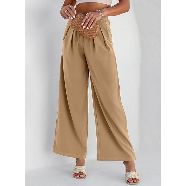 EVALESS Womens High Waisted Straight Leg Long Palazzo Pants Casual Business Office Work Trousers Medium Khaki