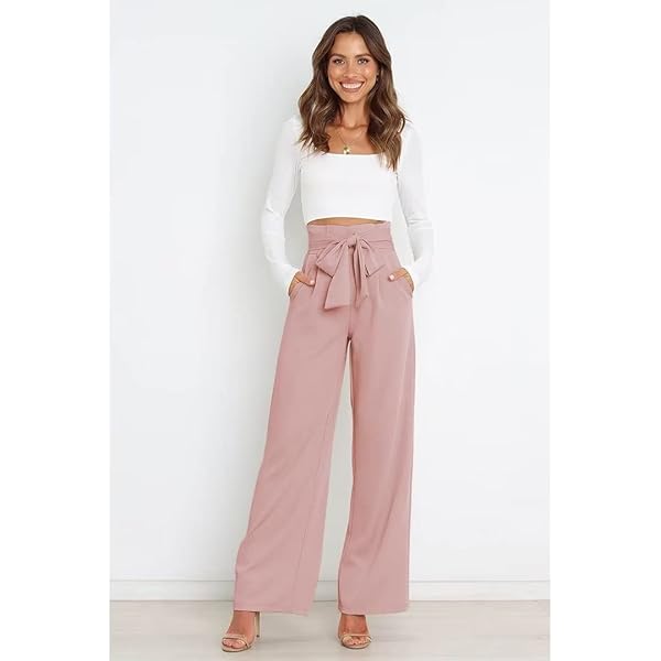 Dress Pants Women,Wide Leg Pants for Women,Smocked Waist Pants with Belt,Loose Straight Leg Flatting Pants Large Brown