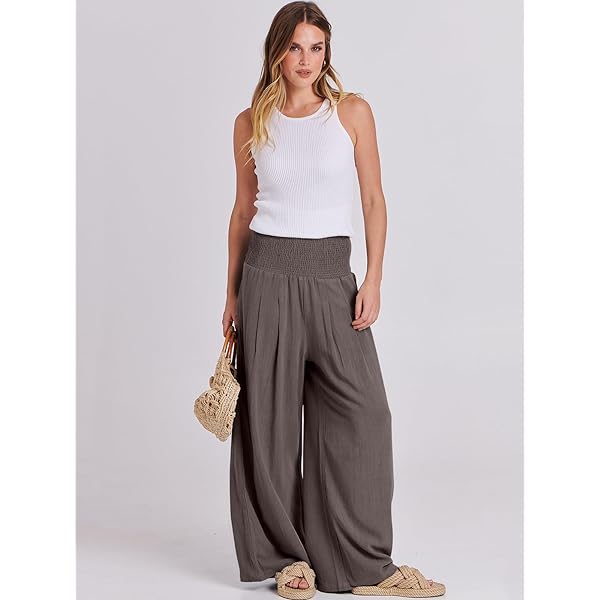 ANRABESS Women Linen Palazzo Pants Summer Boho Wide Leg High Waist Casual Lounge Pant Trousers with Pockets Large Grey