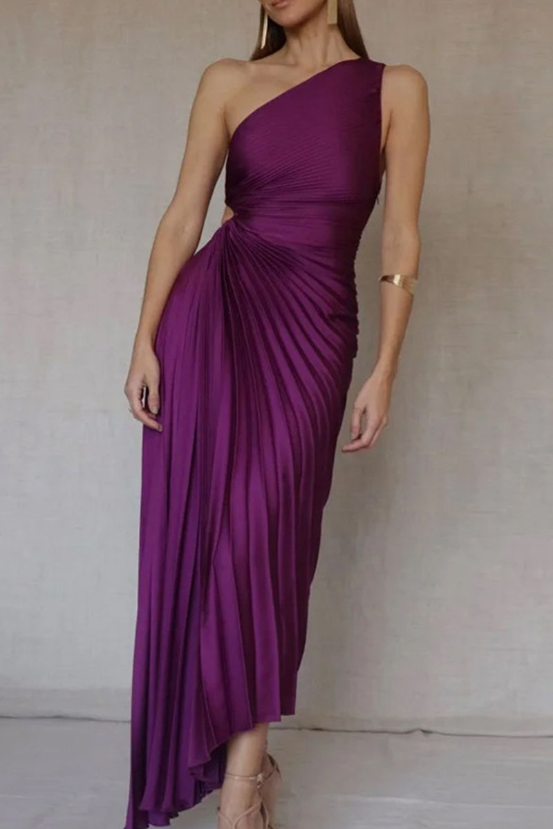 Purple Elegant Solid Patchwork Fold Asymmetrical Oblique Collar Evening Dress Dresses