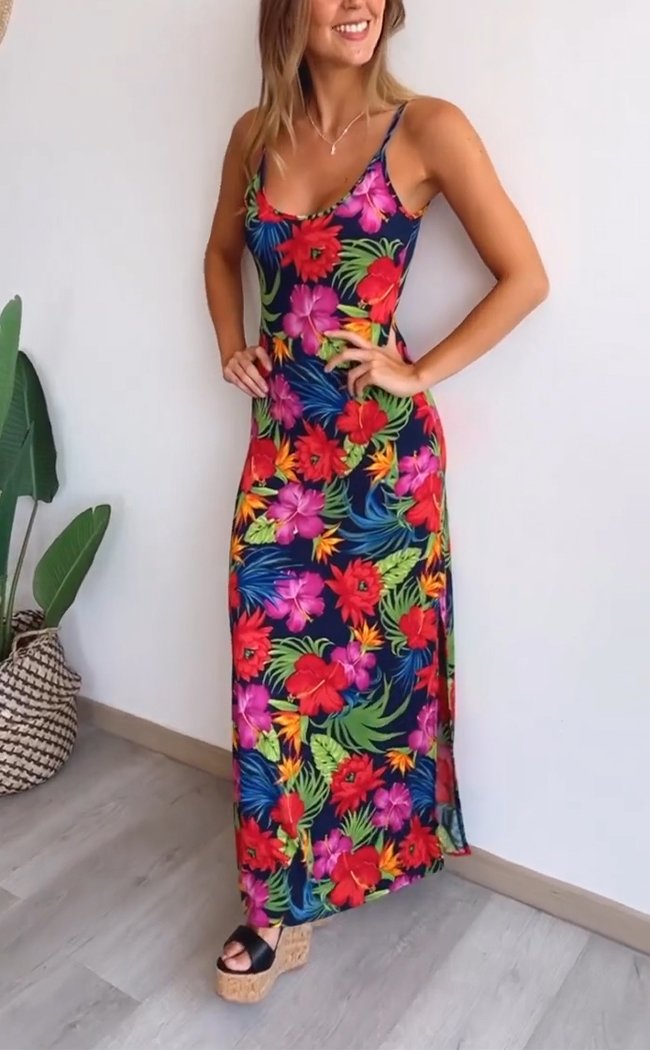Summer V-neck Printed Suspender Dress