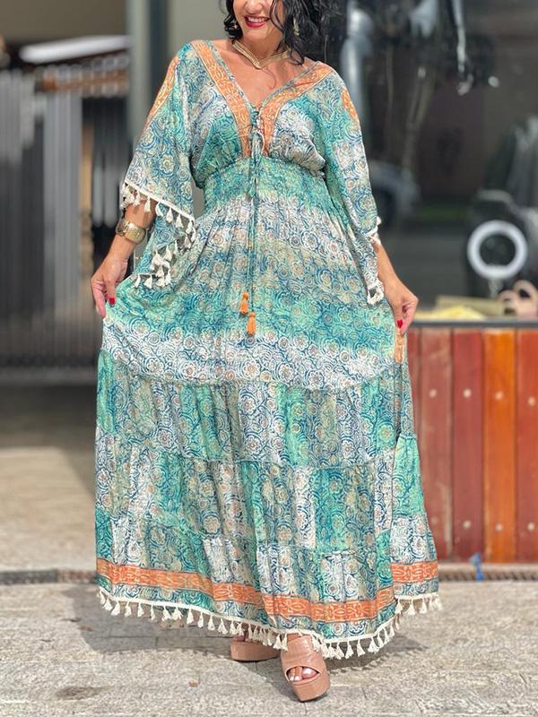 Women's casual holiday bohemian printed fringed A-hem dress