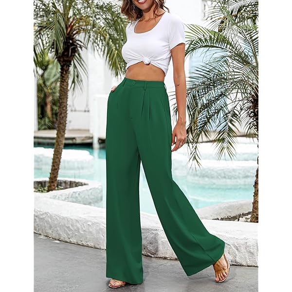 Women Casual Wide Leg Pants Button Down Straight Long Trousers Pants Elastic High Waist Dress Pants for Women Green 0