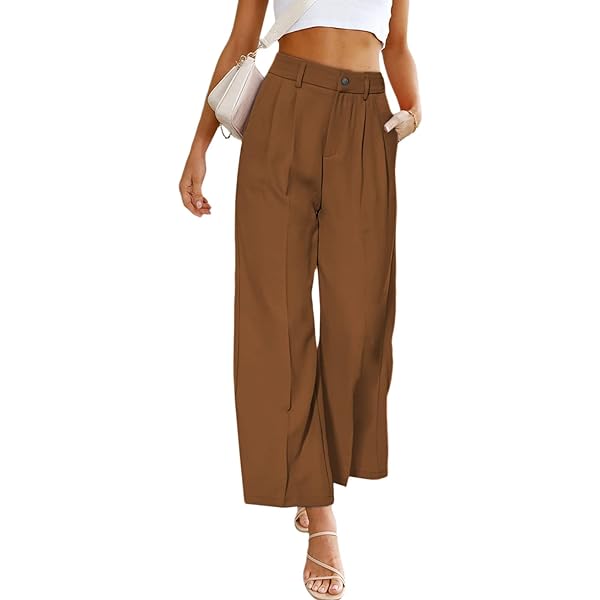 Acelitt Wide Leg Pants for Women Work Business Casual High Waisted Flowy Trousers with Pockets X-Large Brown