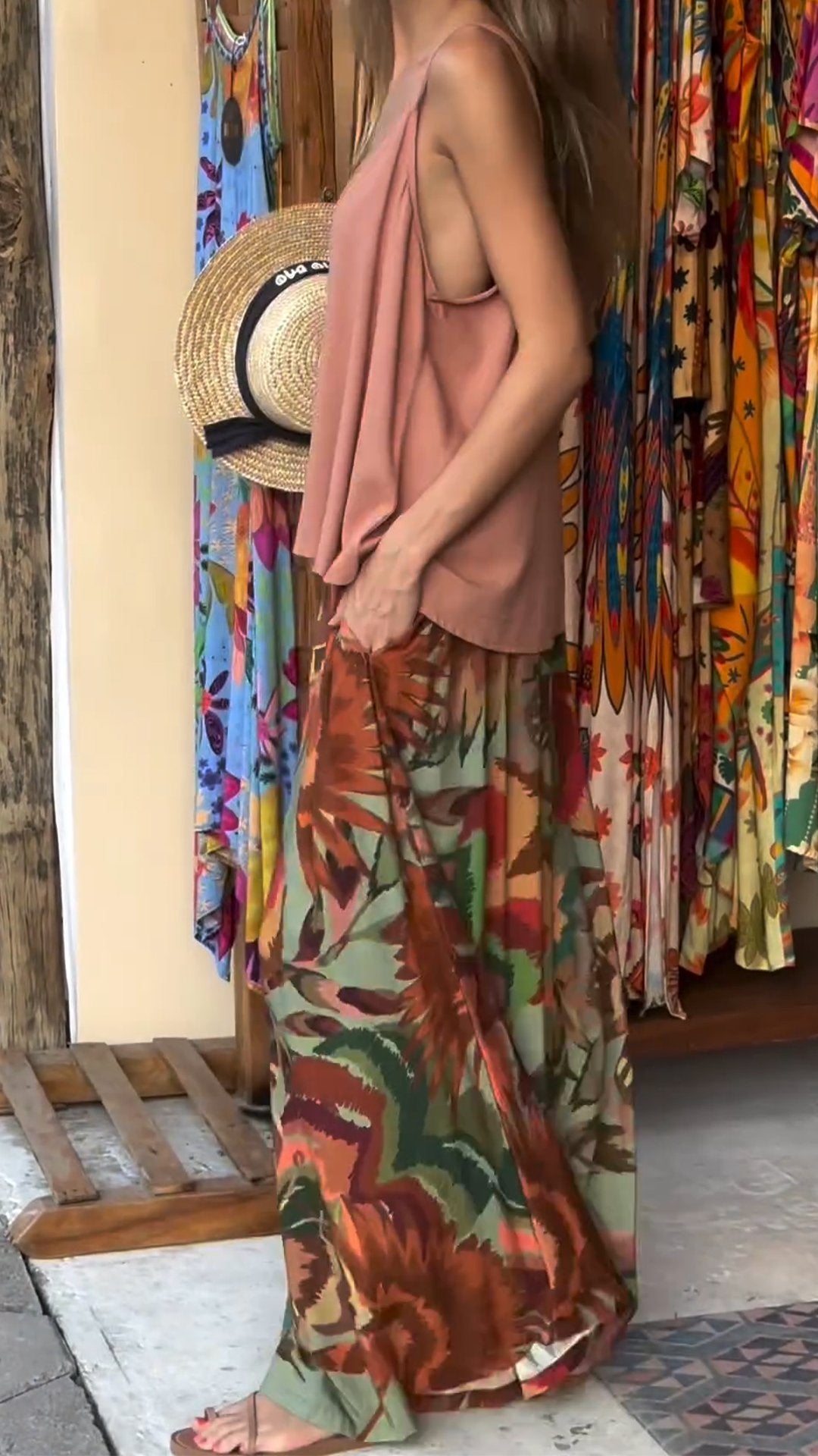 Resort Style V-neck Top and Printed Trousers Two-piece Suit