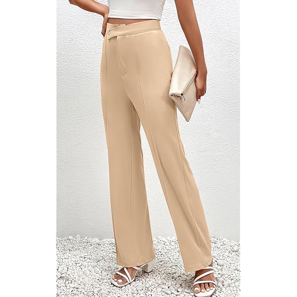 Womens Wide Leg Business Pants High Waisted Straight Long Suit Trousers Large Khaki