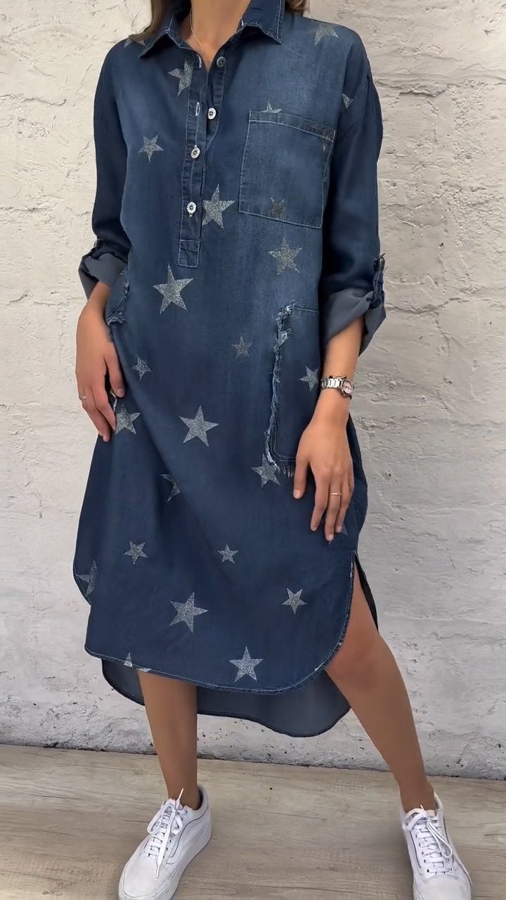 Star Pattern Denim Half Collar Dress