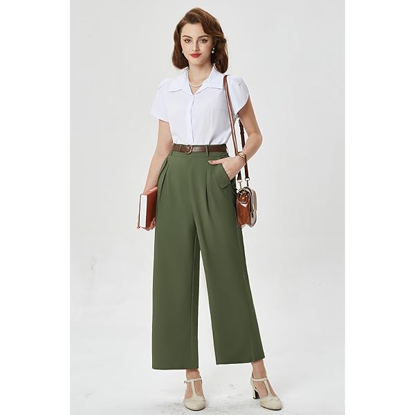 Belle Poque High Waisted Wide Leg Pleated Dress Pants Vintage Loose Baggy Straight Business Work Palazzo Pants Trousers X-Large Olive Green